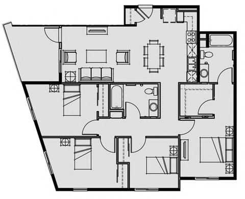 Floor plan for 4 beds, 2 baths, 1333 sqft